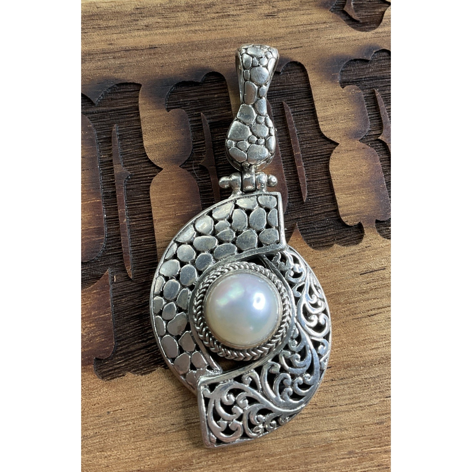 Vintage 925 Sterling Silver Mother Of Pearl Pendant Large Statement Boho